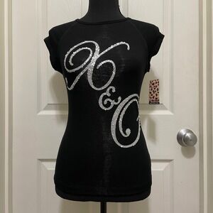 NEW XOXO Vintage Y2K Ribbed Sequin Top Black Silver XS S M McBling NWT USA Made